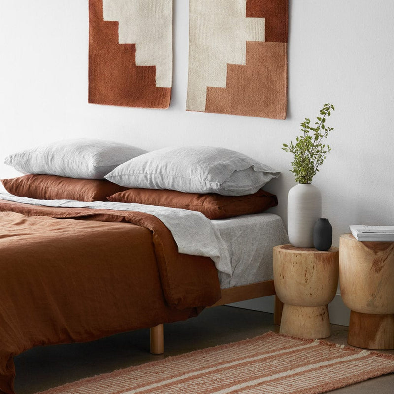 Styled Room with Sienna and Grey Stripe Linen Bedding, sienna-graphite-stripe