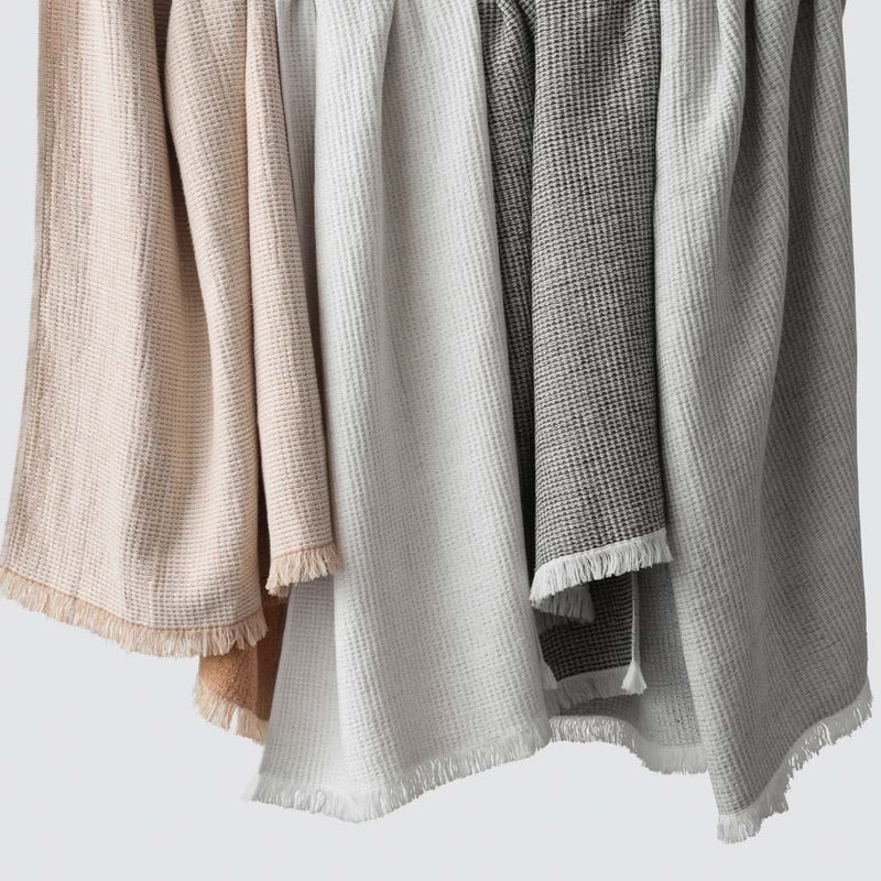 Hanging waffle weave towels in four colors, light-grey