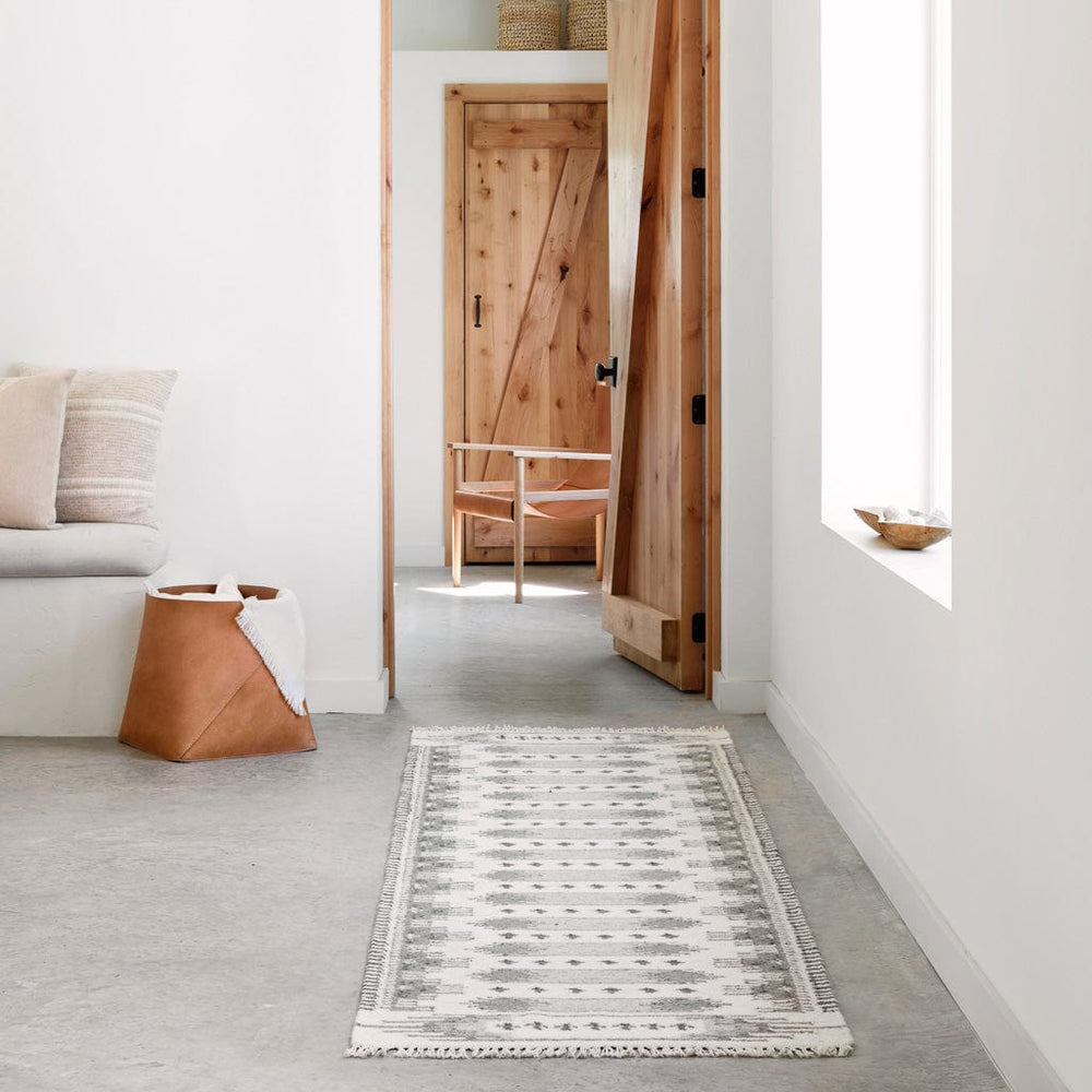 Modern Kilim Runner in Grey and Cream with Leather Basket