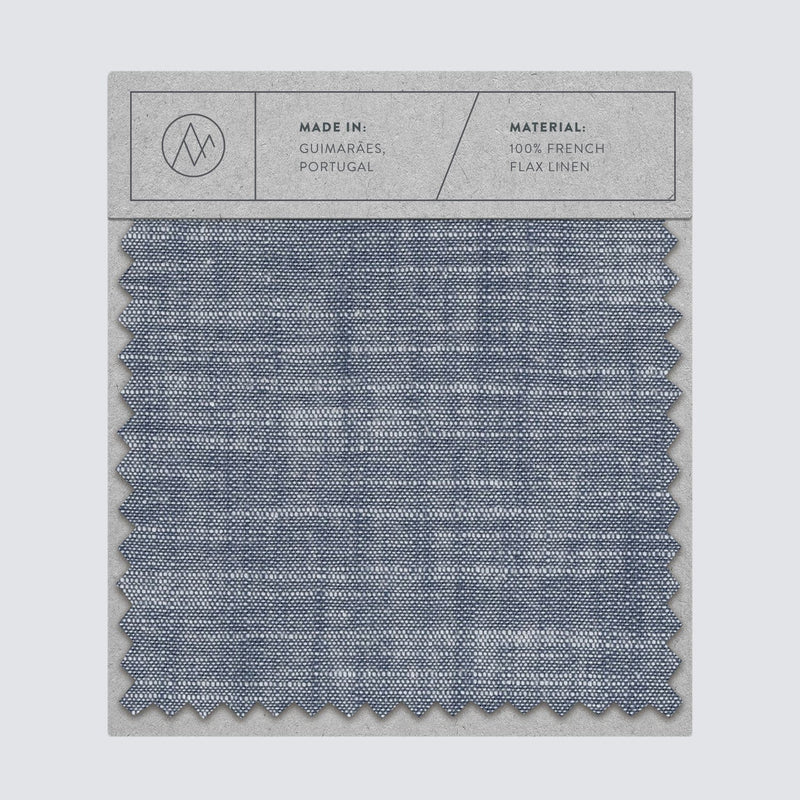 Swatch card of linen fabric in indigo chambray color,indigo-chambray