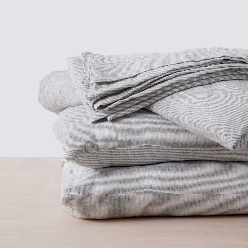 Graphite Stripe Sheet Set and Pillows from The Citizenry, graphite-thin-stripe