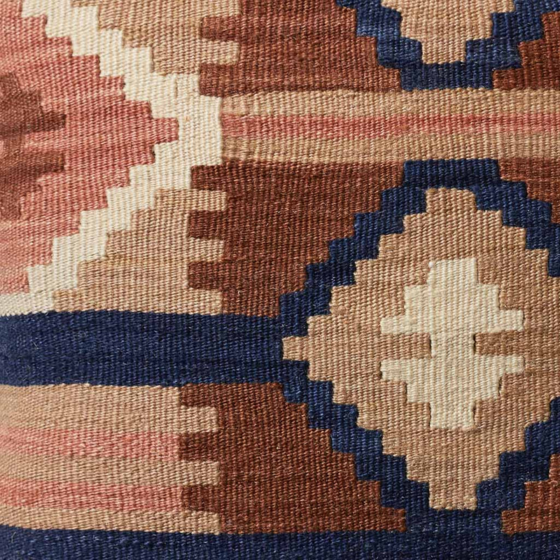 Detail view of pattern and weaving on kilim throw pillow,navy