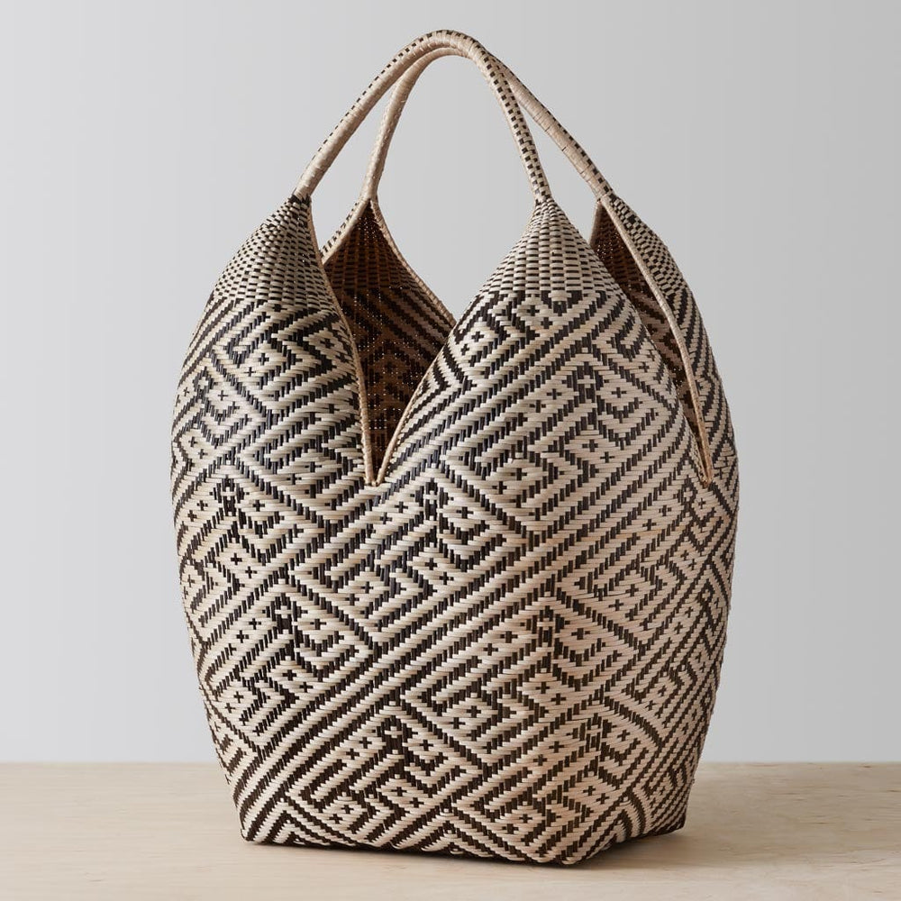 Large Basket with Handles and Geometrics Black and Natural Pattern