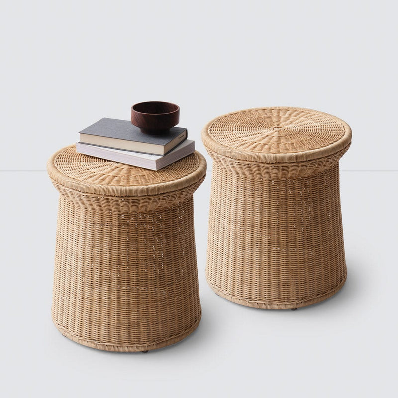 Pair of round wicker pedestal tables, natural