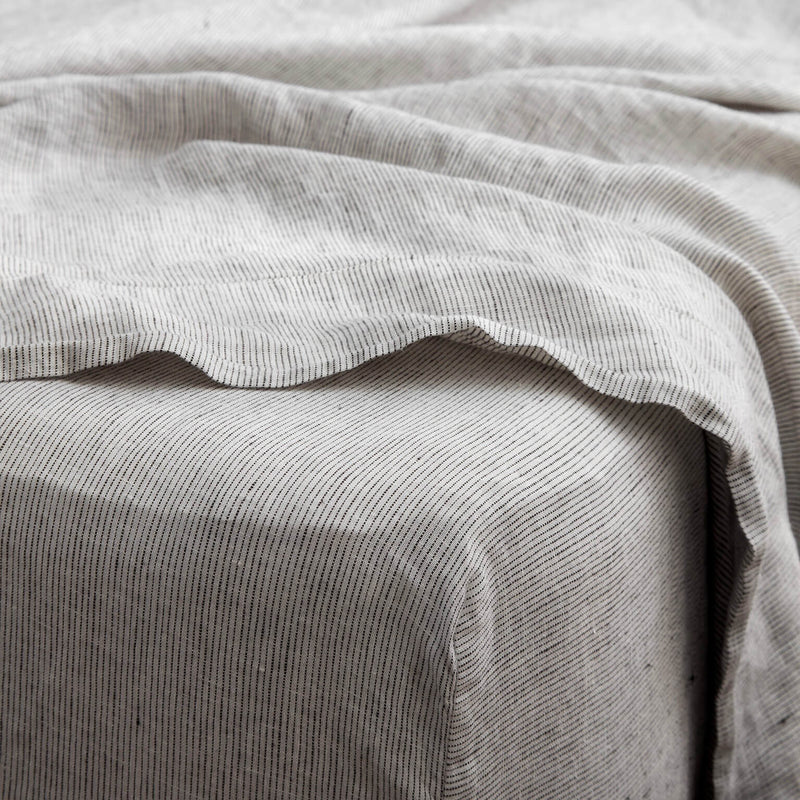 Detail of Grey Stripe Linen Sheet Set from The Citizenry, graphite-thin-stripe