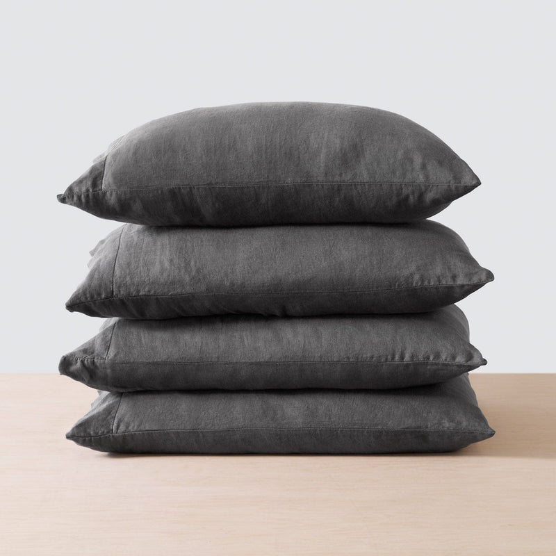 Stack of 4 Pillows with Grey Linen Pillowcases, charcoal