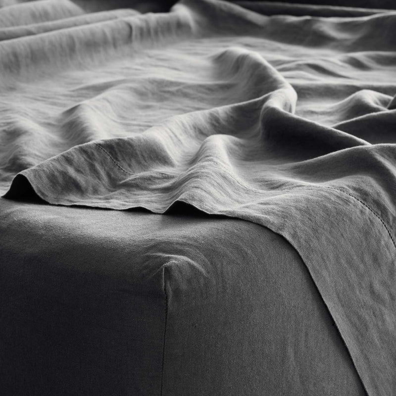 Close Up of Charcoal Linen Bed Sheet, charcoal
