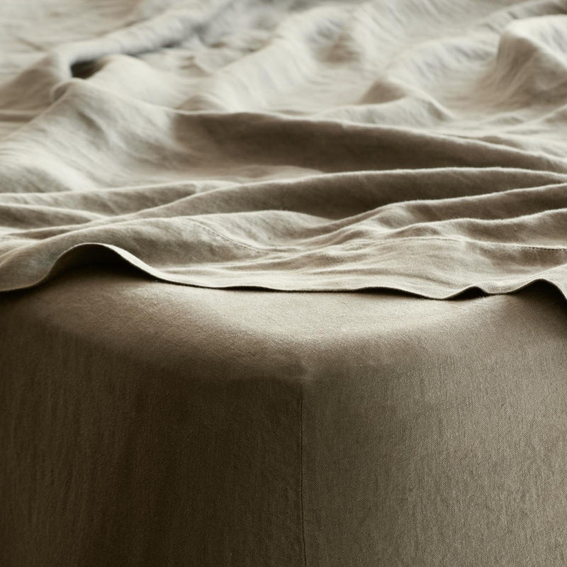 Close Up of Olive Linen Bed Sheet, olive