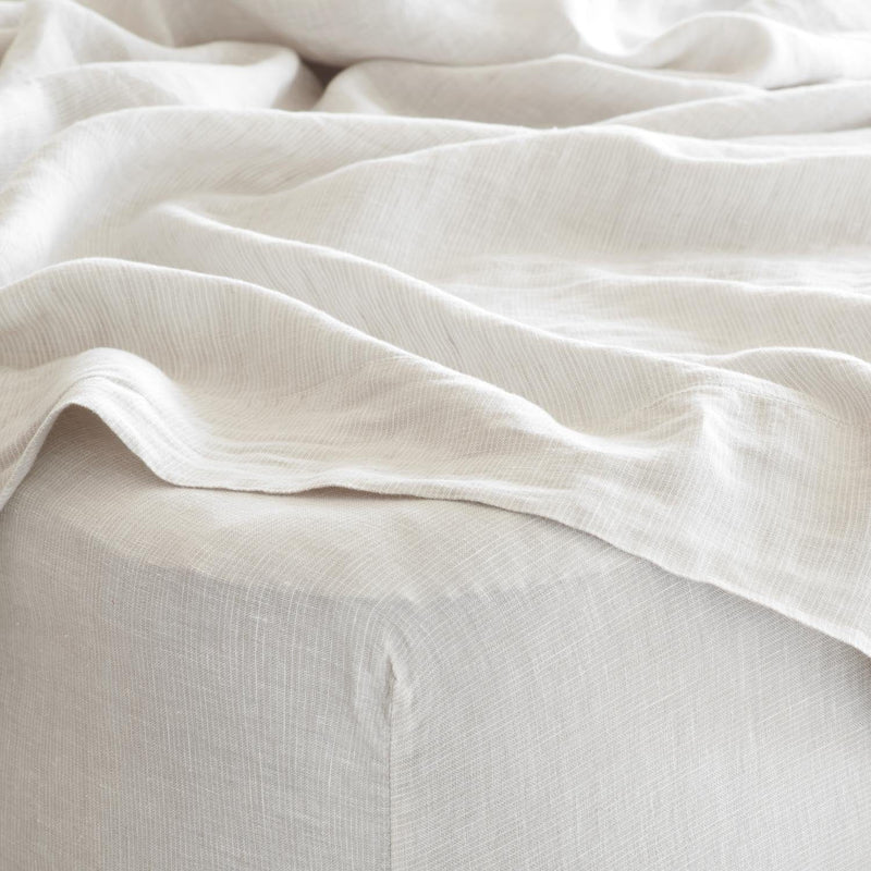 Close Up of Tan Striped Linen Bed Sheet, sand-thin-stripe