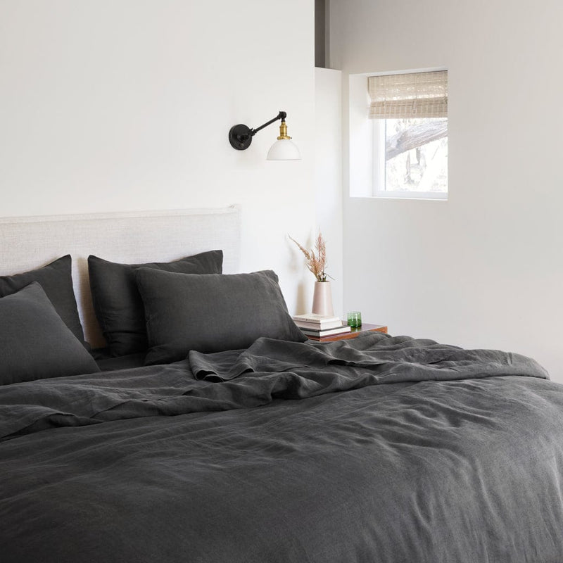 Styled Room with Charcoal Linen Duvet and Bedding, charcoal