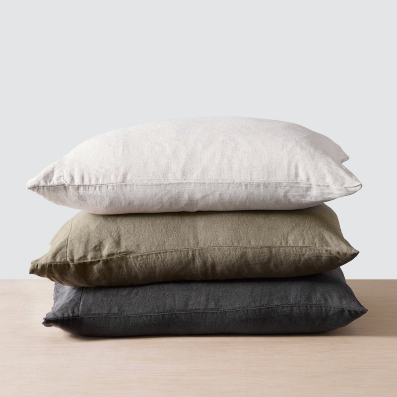Stack of Beige and Olive and Charcoal Linen Pillowcases, charcoal
