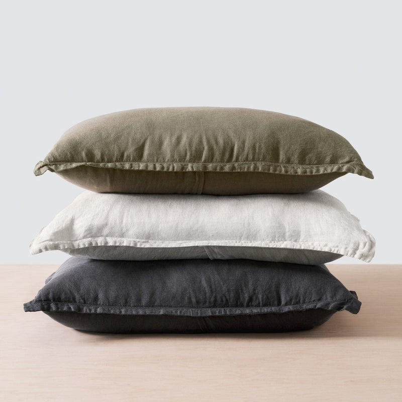 Stack of Olive and Tan and Charcoal Grey Linen Pillowcases, sand-thin-stripe