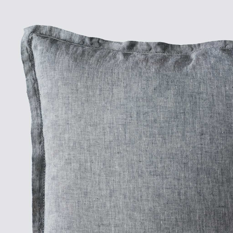 Close Up of Detail Stitching on indigo chambray Linen Pillow Sham, indigo-chambray