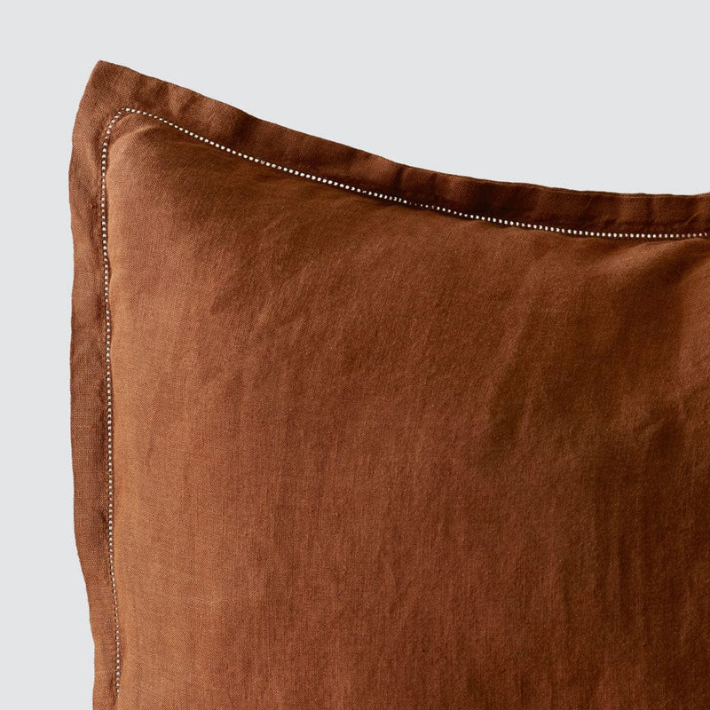 Close Up of Detail Stitching on sienna Linen Pillow Sham, sienna