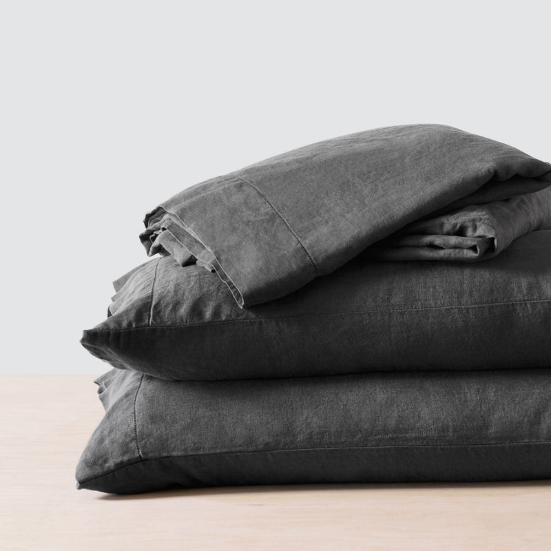 Stack of Charcoal Linen Bedding, charcoal