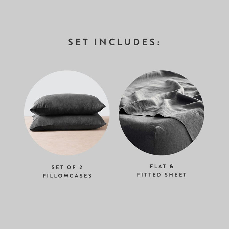 Set Includes 2 Linen Pillowcases with Flat and Fitted Linen Sheets, charcoal