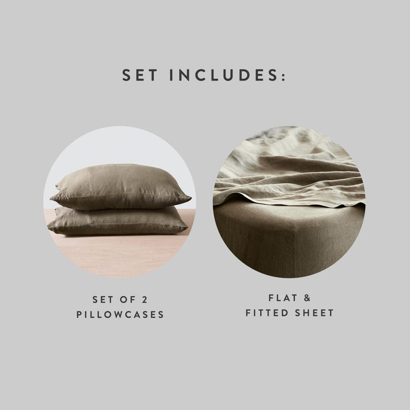 Set Includes 2 Linen Pillowcases with Flat and Fitted Linen Sheets, olive