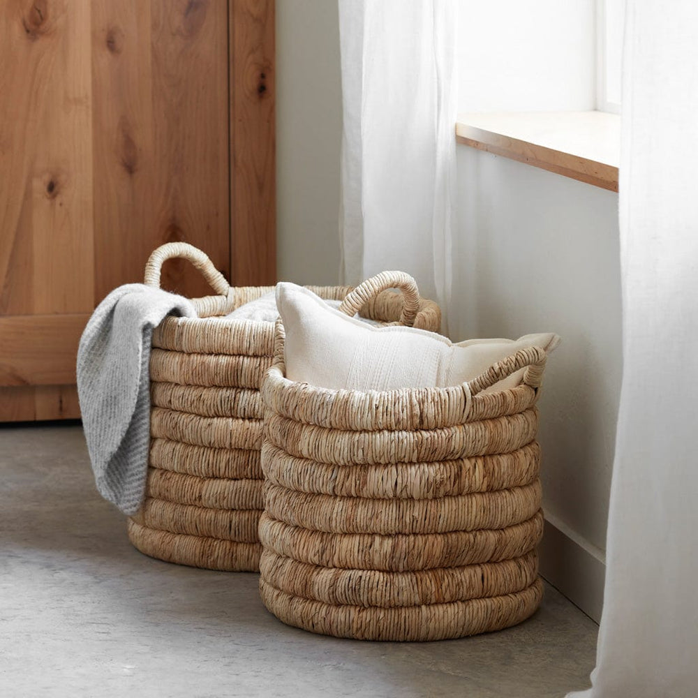 Handwoven Storage Baskets with Pillows and Throw
