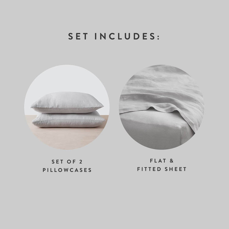 Grey Linen Sheet Set includes Two Pillowcases with Top Sheet and Fitted Sheet, light-grey