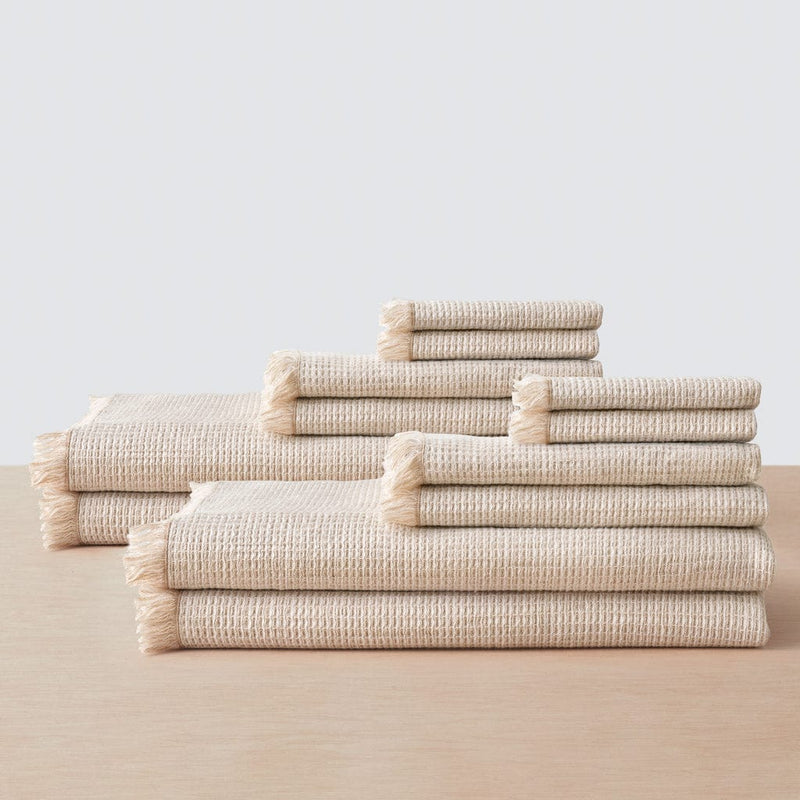 Set of 12 waffle weave towels, tan