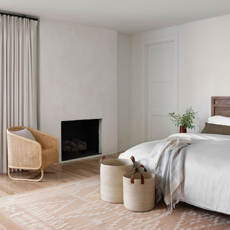 Eco friendly rug styled in modern bedroom, rose