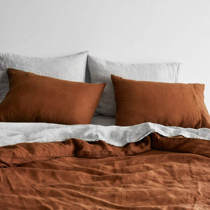 Close Up of Bed Made with Sienna and Grey Stripe Linen Bed Set, sienna-graphite-stripe