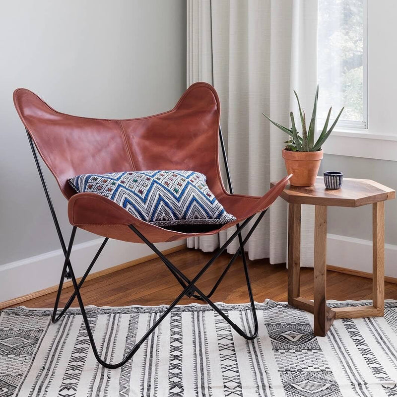 Modern Leather Sling Chair with Moroccan Pillow, cognac-leather