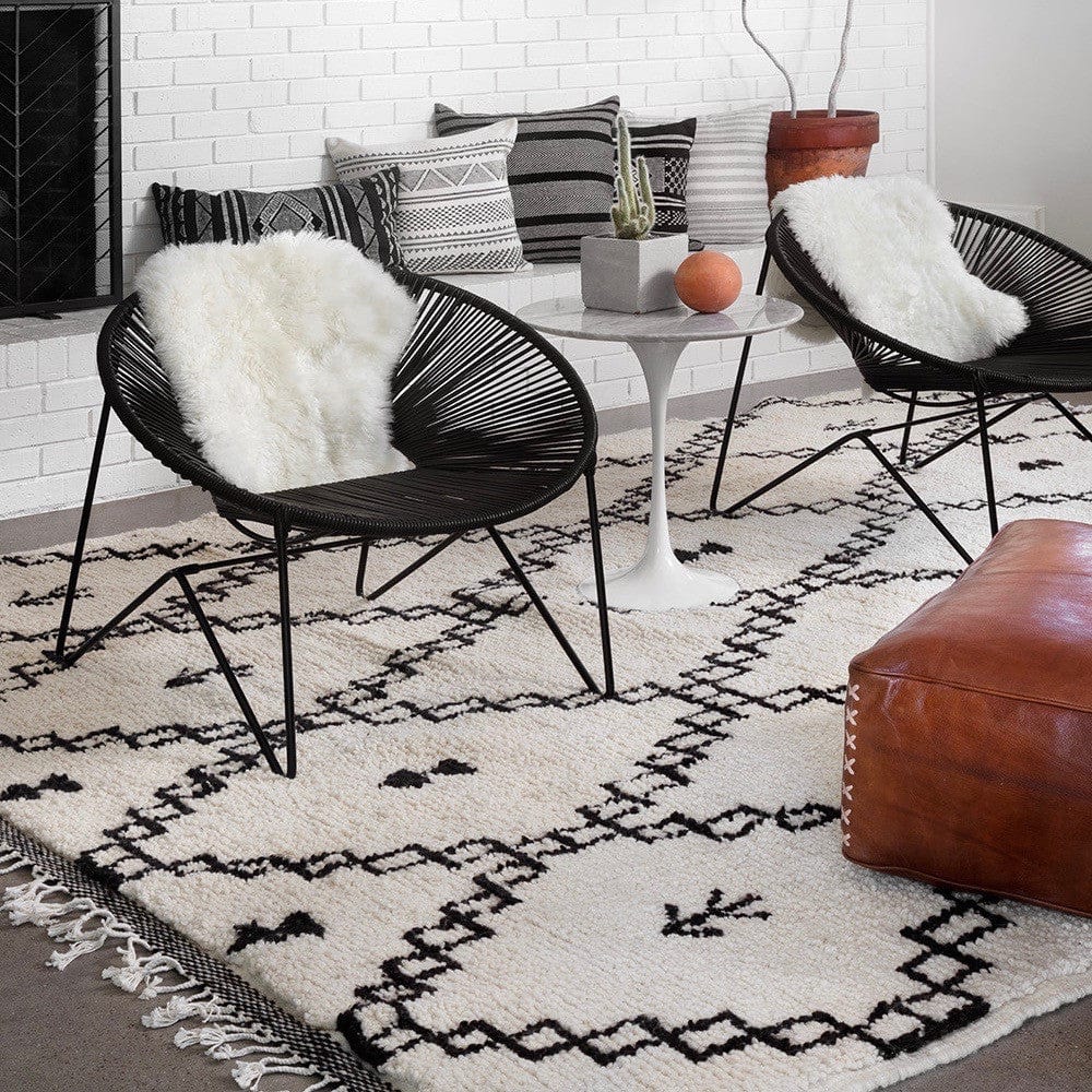 Modern Moroccan Rug in Living Room with Leather Poofs 