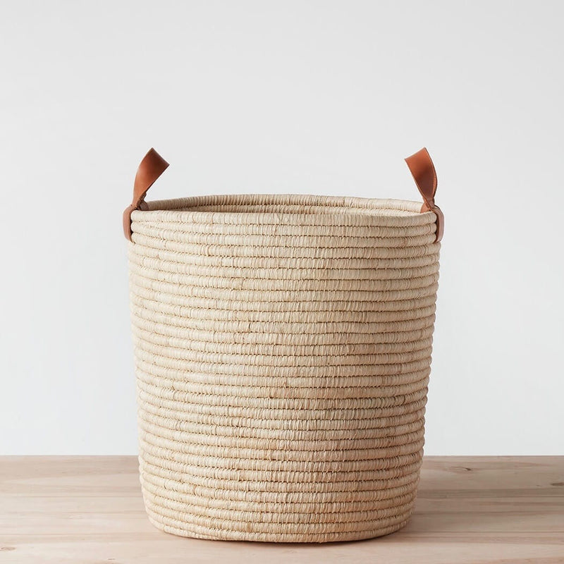 Large Handwoven Hamper with Leather Handles, natural