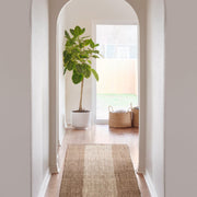 Jute Runner in Hallway with Baskets, tan