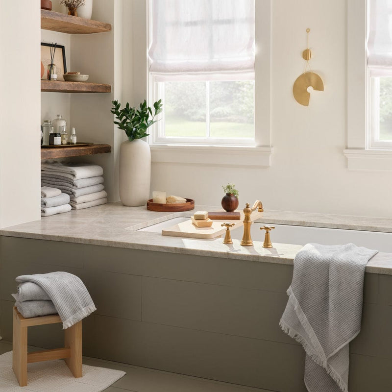 Modern bathroom with soft grey waffle weave towels, light-grey