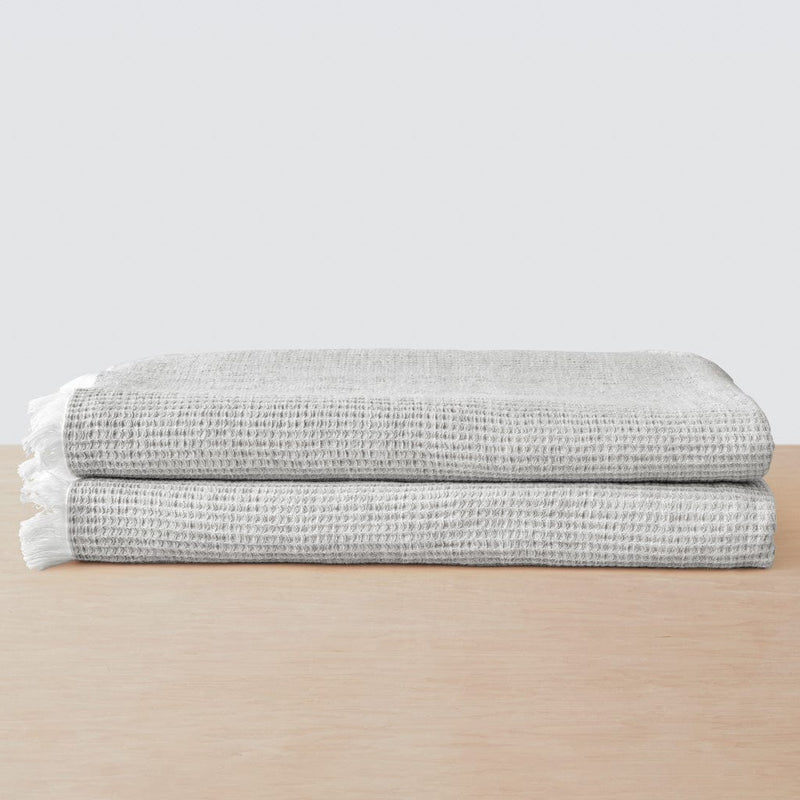 Stack of two waffle weave bath towels, light-grey