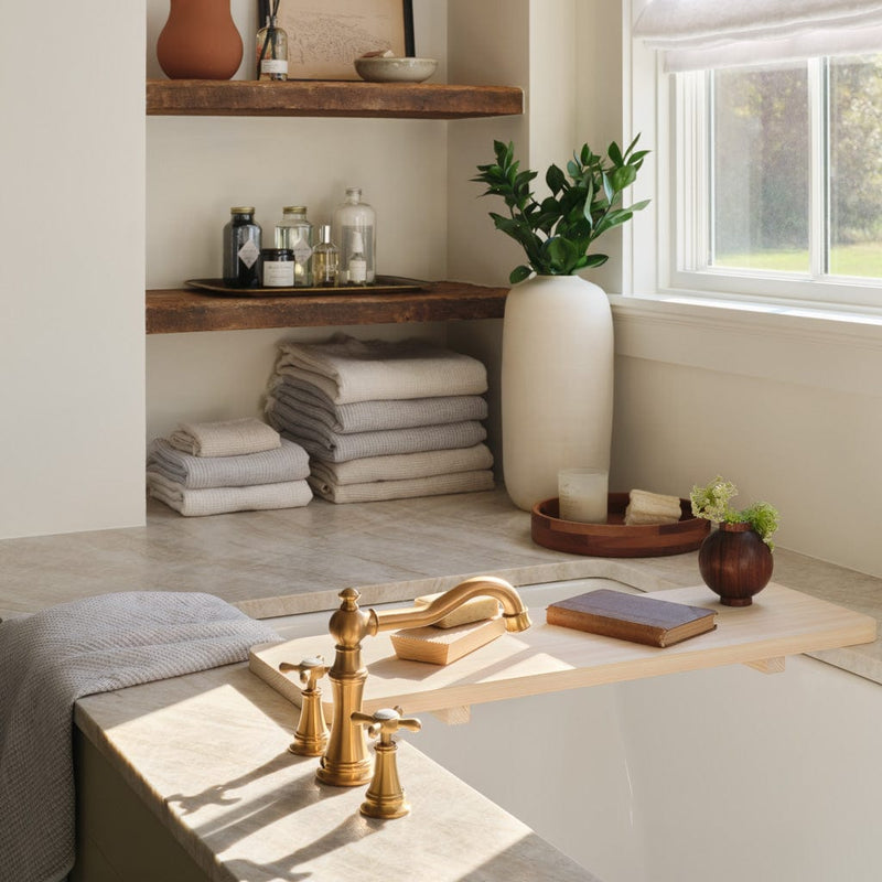 Modern bathroom with cotton linen spa towels, white
