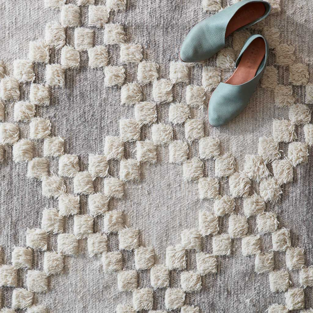 Overhead of Textured Area Rug in Grey with Blue Shoes