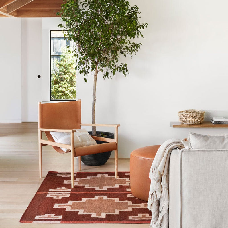 Styled Shot in Living Room with Handwoven Area Rug, sienna