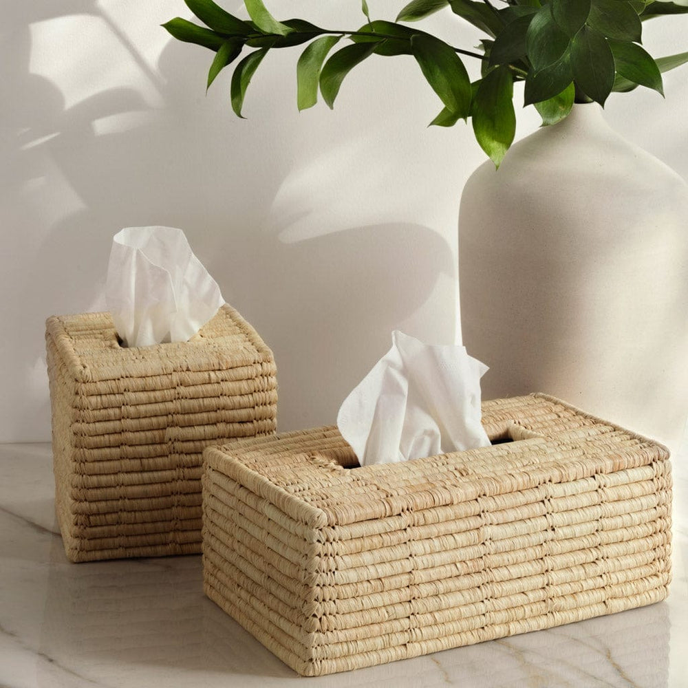 Long and short woven tissue box on counter, long