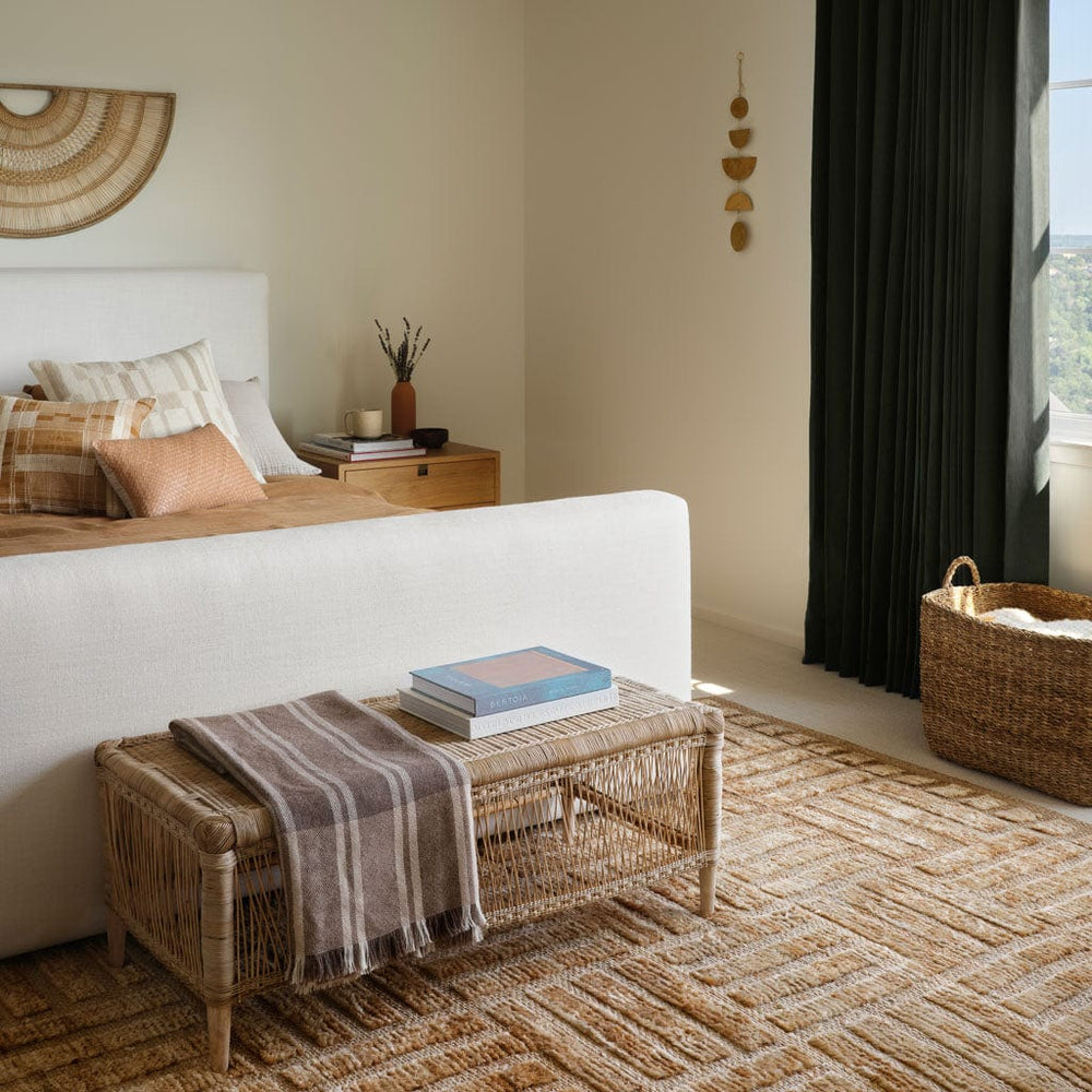 Woven Bench styled in bedroom, rattan
