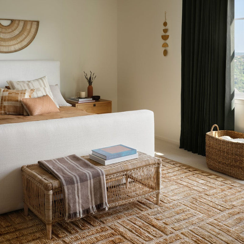 Woven Bench styled in bedroom, rattan,  natural