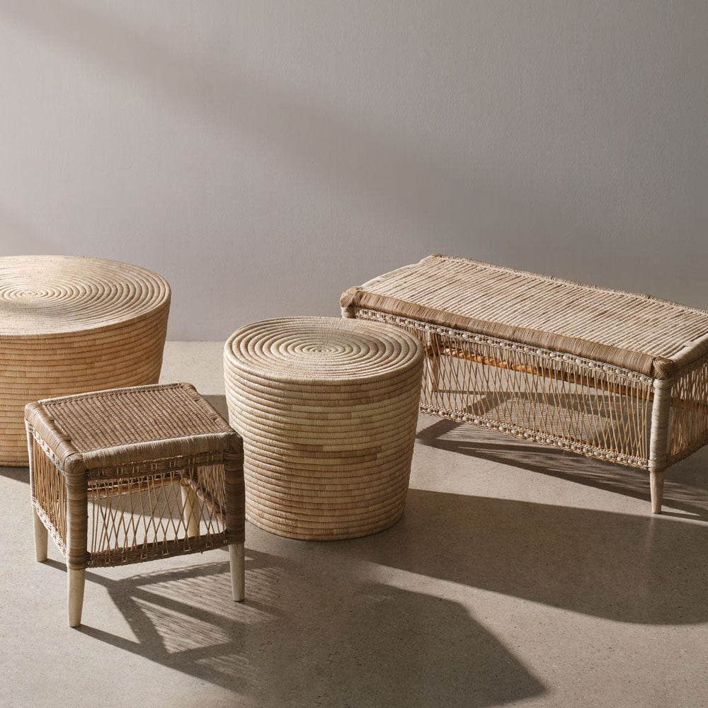 Woven Stool styled with bench and baskets