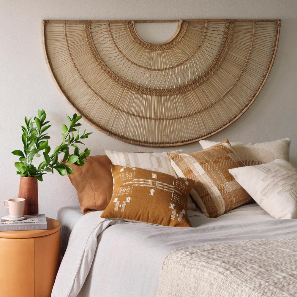 Woven Half Circle wall hanging styled with bed, large