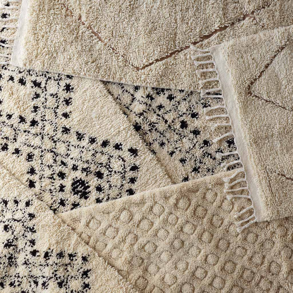 Moroccan Style Rugs styled with other cream rugs, Ecru and Black