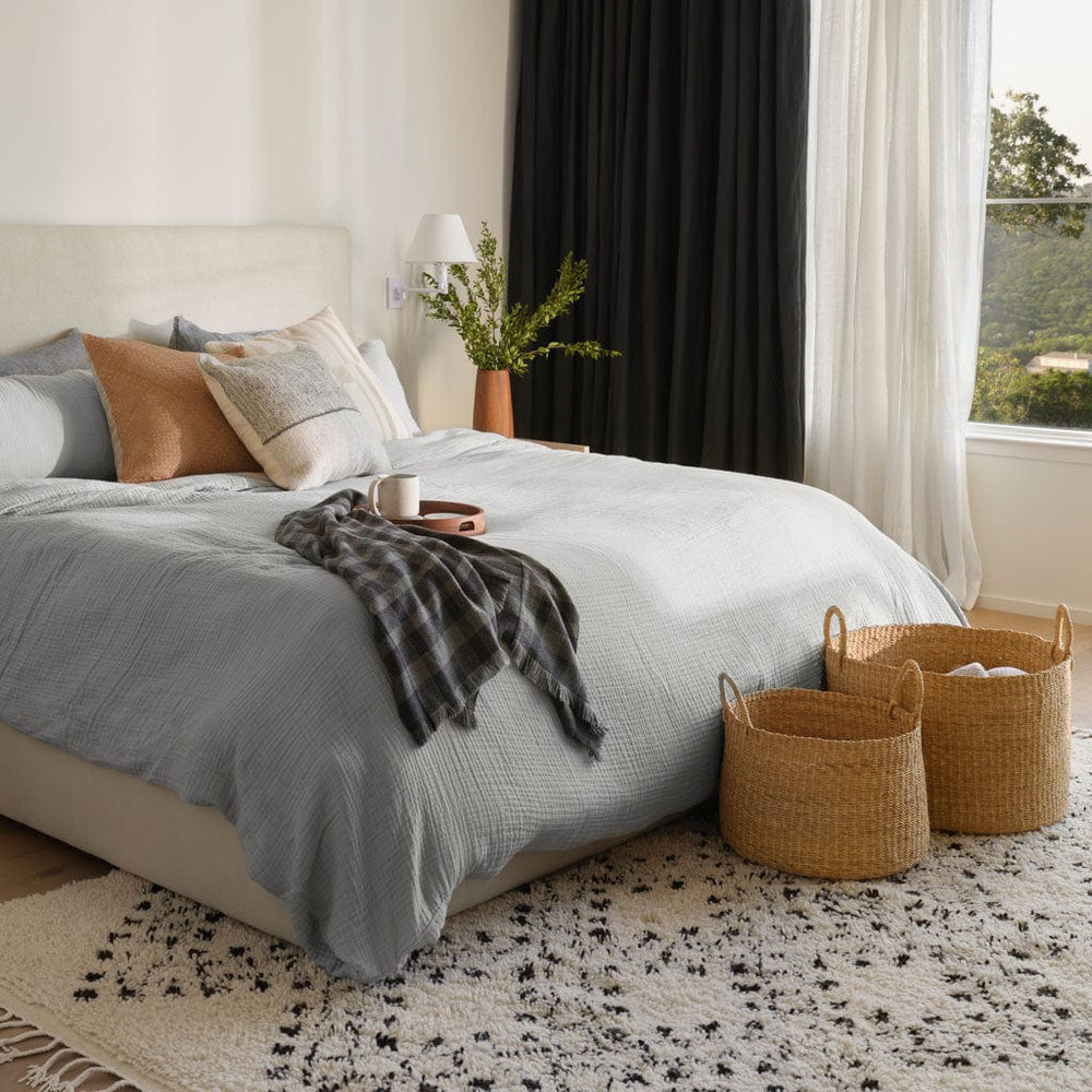 Moroccan Style Rugs styled in bedroom, Ecru and Black