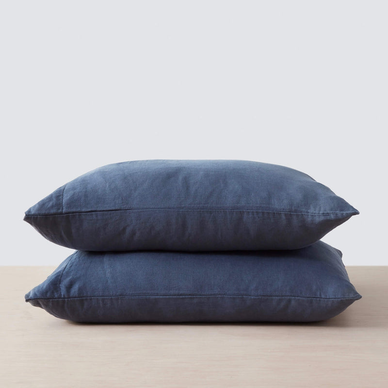 Stack of Slate Blue Linen Pillowcases from The Citizenry, slate-blue