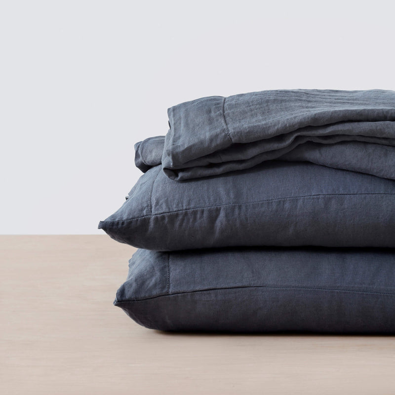 Navy Linen Sheet Set and Pillows, slate-blue