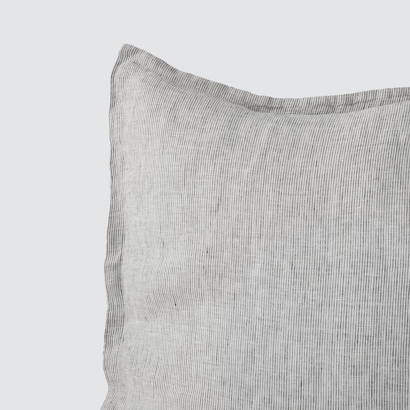 Close Up of Detail Stitching on graphite stripe Linen Pillow Sham, graphite-thin-stripe