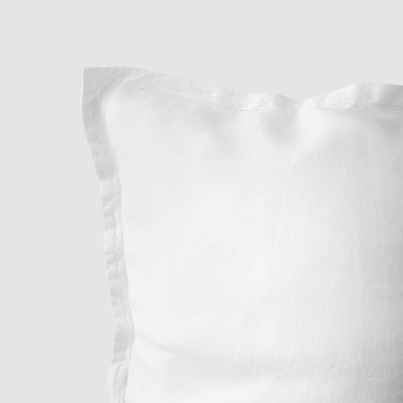 Close Up of Detail Stitching on white Linen Pillow Sham,  white