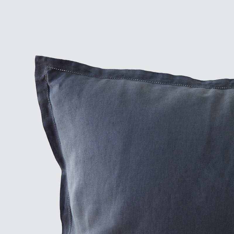 Close Up of Detail Stitching on slate blue Linen Pillow Sham,  slate-blue
