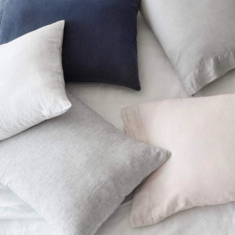 Overhead of Linen Pillowcases, graphite-thin-stripe