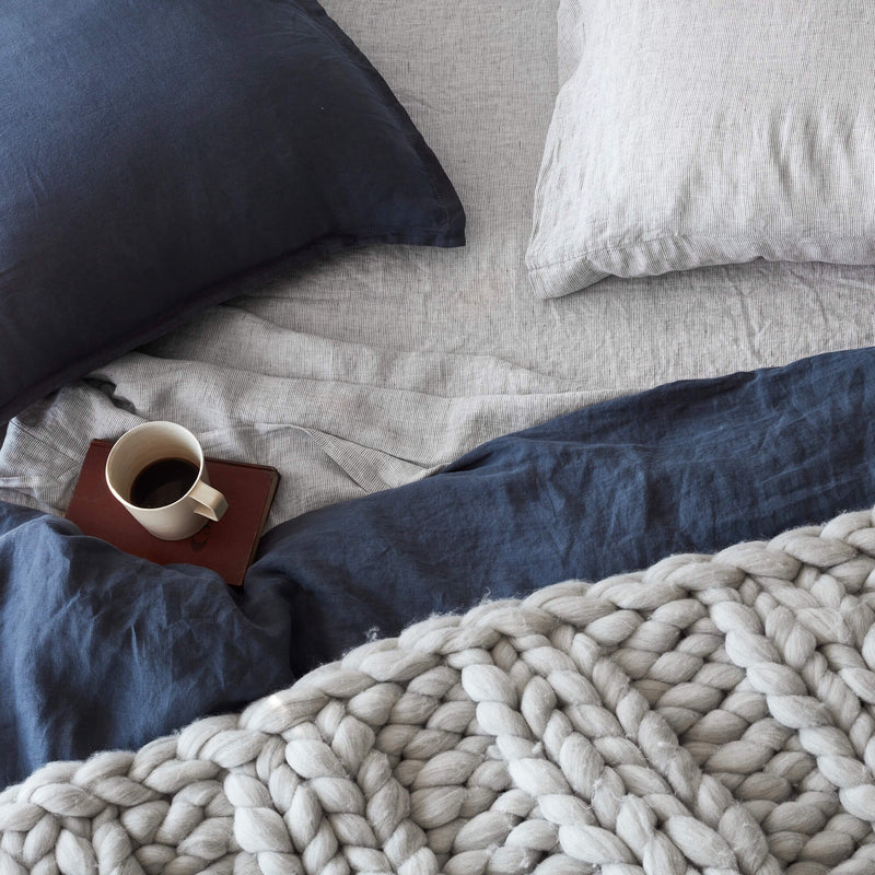 Navy and Striped Linen Bedding Overhead with Chunky Knit Throw, graphite-thin-stripe