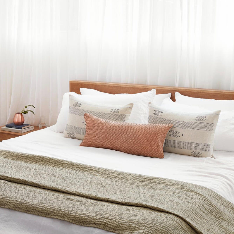 White Linen Bedding in Modern Bedroom with Green Kantha Quilt, white